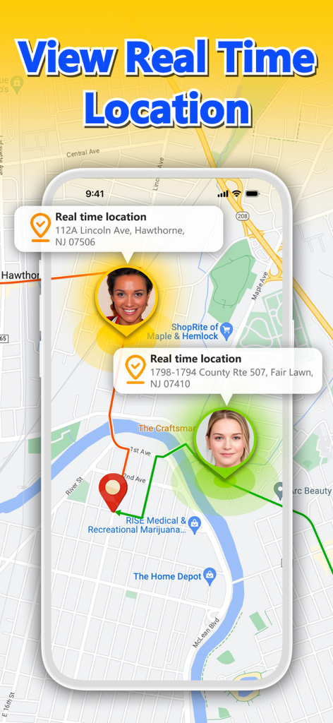 Find my Friends: Phone Tracker - Una pantalla de smartphone que muestra las ubicaciones GPS en tiempo real de amigos en un mapa con fotos de perfil y direcciones.
