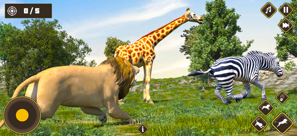 Un león salvaje acechando a una cebra y una jirafa en un entorno de safari en 3D con controles de juego.