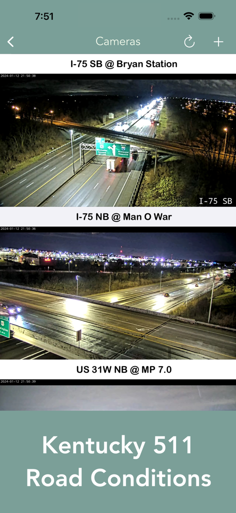 Kentucky 511 Traffic Cameras - Screenshot of the Kentucky 511 Traffic Cameras app showing night views of I-75 highway sections