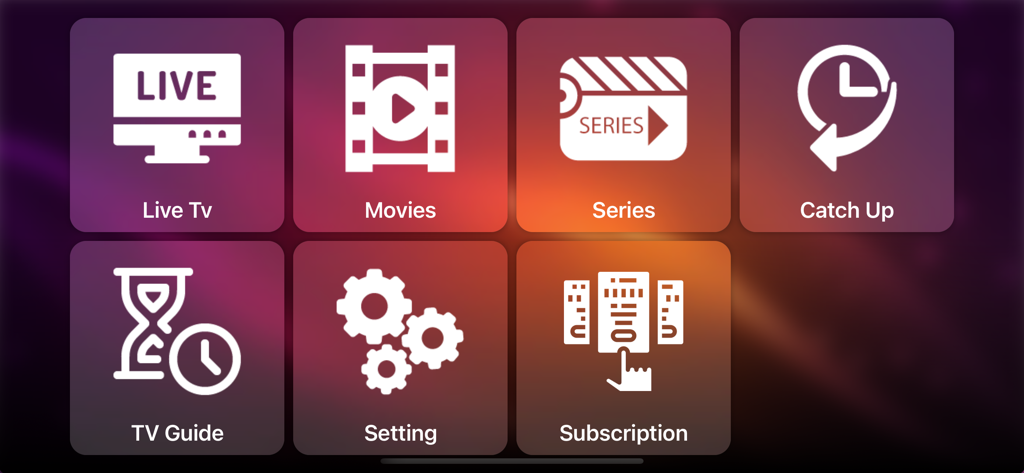 Prime IPTV - Hauptoberfläche der Prime IPTV-App mit Kategorien für Live-TV, Filme und Serien