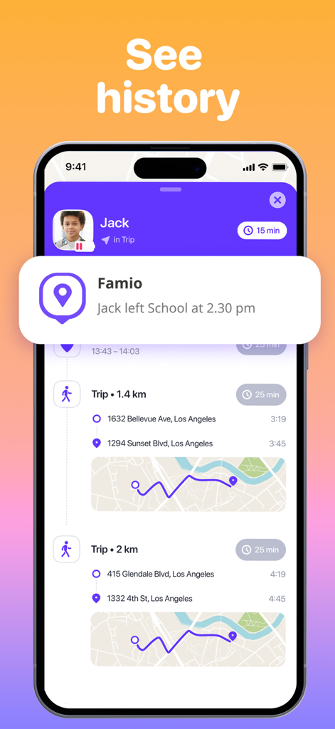 Famio: Find My Family, Friends - Schermata dell'app Famio che mostra la cronologia dettagliata della posizione familiare e le notifiche di movimento in tempo reale
