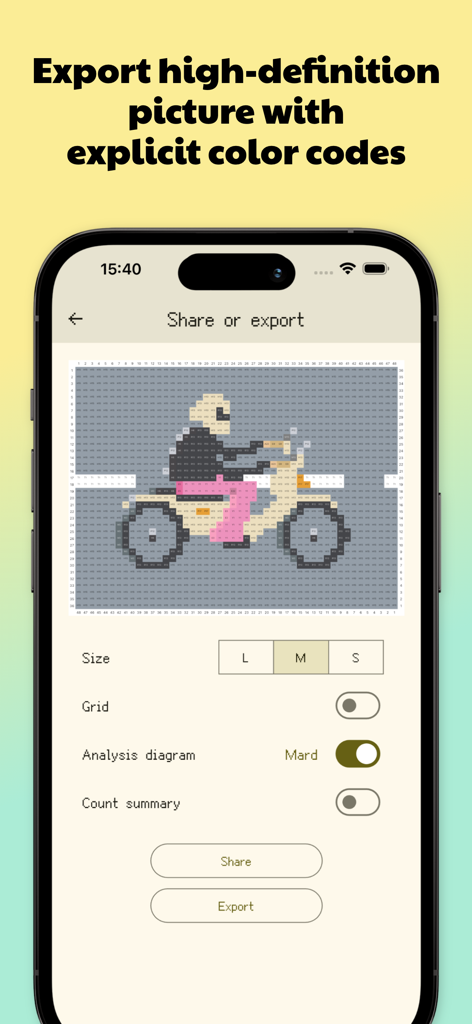 Dot Lab - Perler beads pattern - Dot Lab app interface showing export options for a motorcycle pixel art pattern with color codes
