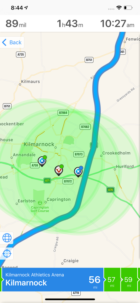 WattsUp app map view showing EV route and rapid charger locations