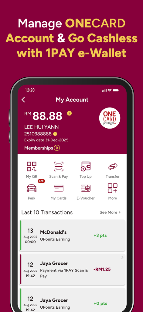 1 Utama SuperApp - 1 Utama SuperApp interface showing account balance and e-wallet transaction history