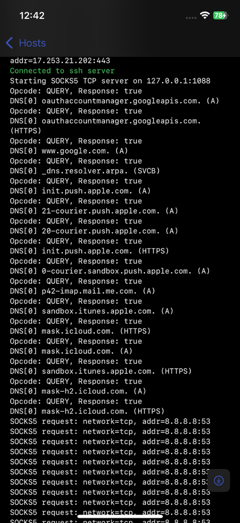 SocksSSH - Detailed connection logs and SOCKS5 proxy requests displayed in the SocksSSH app interface