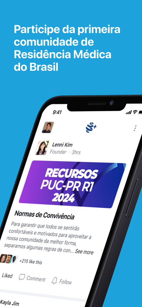 Medcof Plus - Medcof Plus app interface showing a social feed for a medical residency community in Brazil