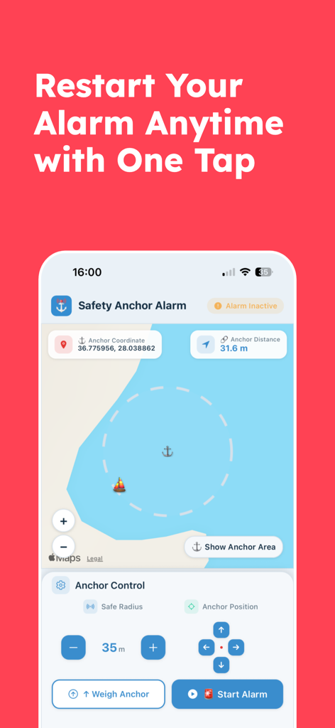 Safety Anchor Alarm - Safety Anchor Alarm app interface showing a boat's swing circle on a map with a button to start the alarm.