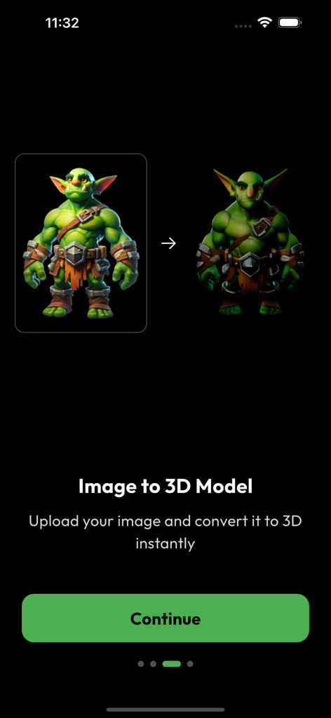 AI 3D Model Generator - Obloid - Interface of the Obloid app showing a 2D green goblin image being converted into a 3D model.