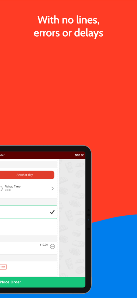 Waitry: Digital Restaurants - Interfaz de pedido móvil de la aplicación Waitry que muestra la selección de hora de recogida y el botón de realizar pedido