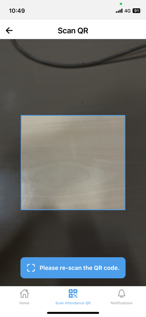 iCloudEMSV2 - App screen showing the QR code scanner interface for student attendance tracking