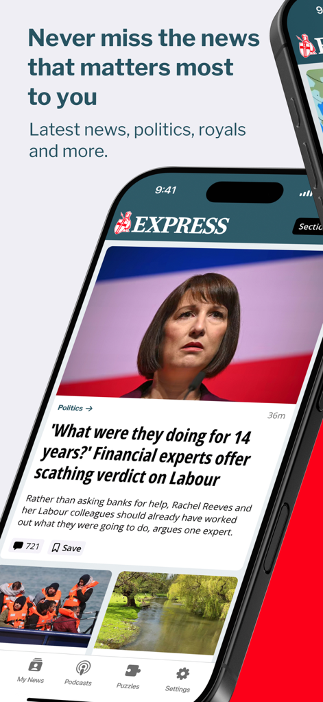 Die Benutzeroberfläche der Daily Express Nachrichten-App auf einem Smartphone, die eine politische Schlagzeile über die britische Labour Party anzeigt.