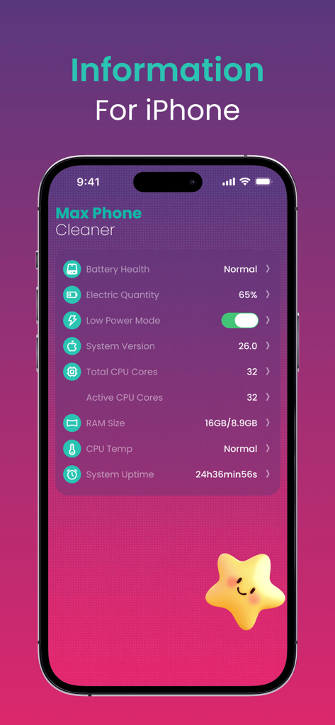 Interface of Max Cleaner app displaying iPhone system statistics like battery health and CPU cores
