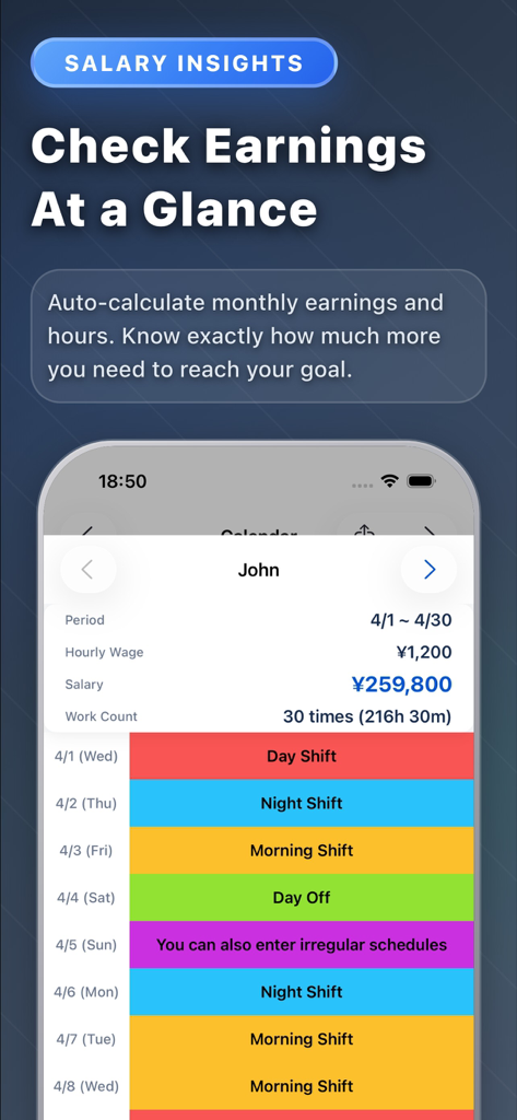 TapShift - Shift manager - Un cruscotto mobile che mostra i calcoli degli stipendi mensili e i calendari dei turni codificati a colori per i dipendenti
