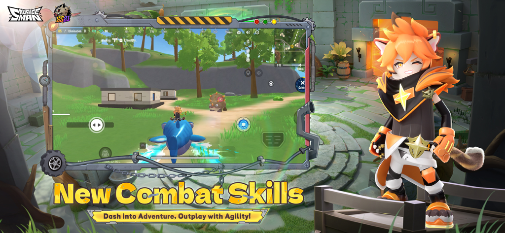 Sausage Man - Jugabilidad móvil de Sausage Man mostrando un personaje con un disfraz de zorro junto a una pantalla con un vehículo tiburón y el texto Nuevas Habilidades de Combate.