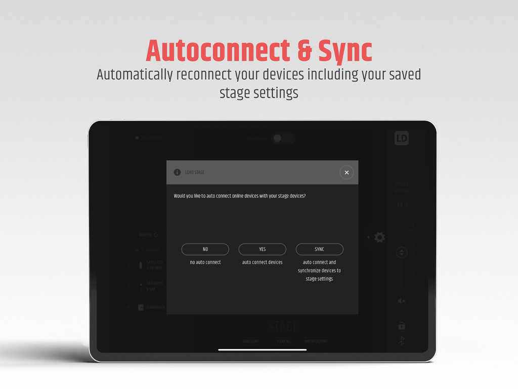 MAILA - Pantalla de iPad que muestra el diálogo de autoconexión y sincronización de la aplicación MAILA para sistemas de altavoces profesionales