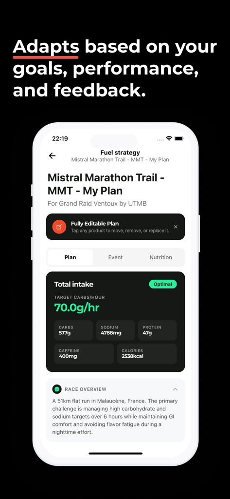 Nutri-Bay - Interfaccia dell'app Nutri-Bay che mostra una strategia di alimentazione personalizzata per la maratona e obiettivi nutrizionali per atleti di resistenza