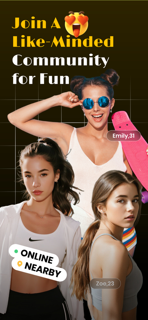 Rollmate - Explore Local Vibes - ローカルのスケートコミュニティを表すスケートボードを持った3人の若い女性がRollmateアプリに表示されている