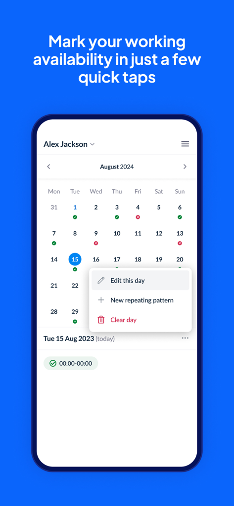 RotaCloud mobile app interface showing a calendar for an employee to mark their work availability and repeating shifts.