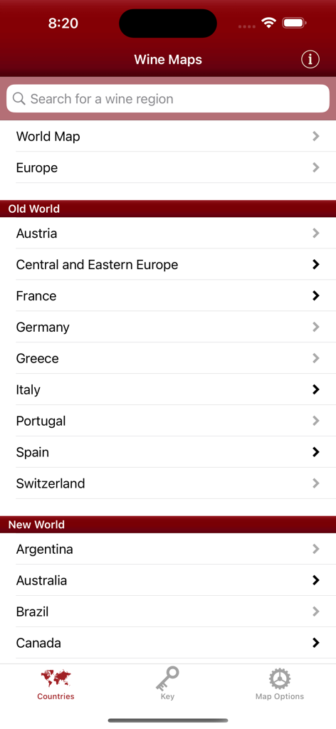 L'interface de l'application Wine Maps affiche une liste de régions viticoles classées en Ancien Monde et Nouveau Monde, avec une barre de recherche en haut.