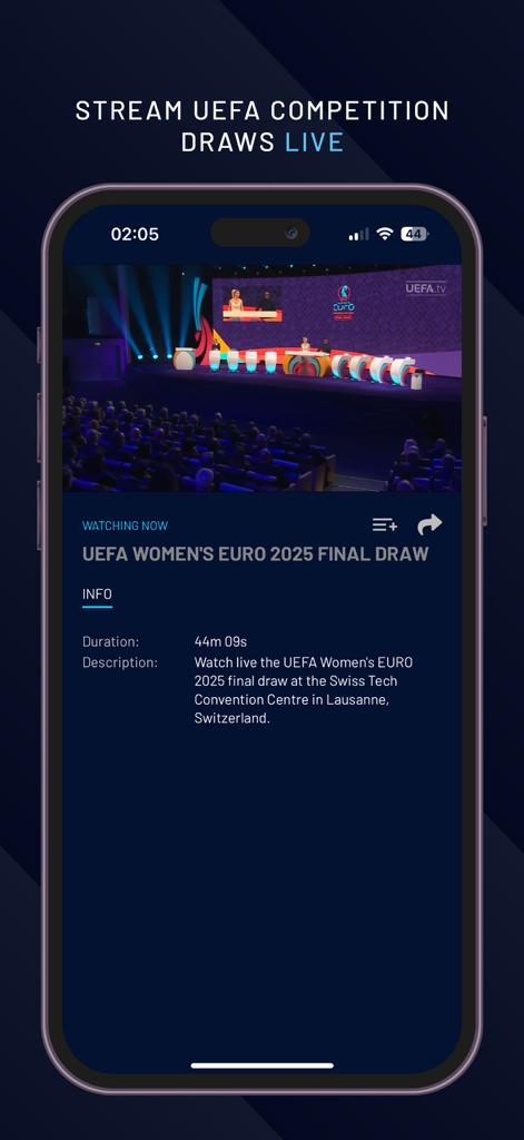 Interface de l'application UEFA.tv montrant un flux en direct du tirage au sort final de l'UEFA Women's Euro 2025