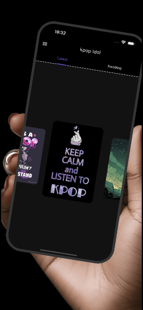 Kpop Style Life Wallpapers - Mobile app interface for Kpop wallpapers showing a Keep Calm and Listen to Kpop design in dark mode.