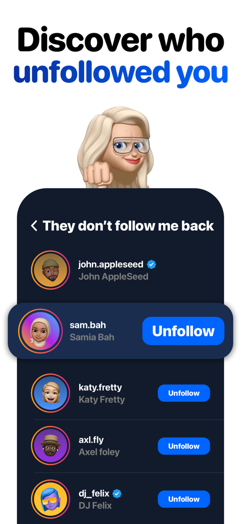Reports+ Followers Unfollowers - Pantalla de la aplicación Reports Plus mostrando usuarios que no te siguen de vuelta en Instagram