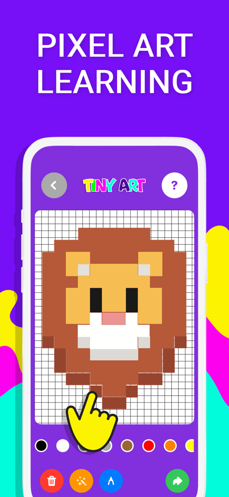 Drawing for kids Tiny Art - Tiny Artアプリのピクセルアート学習画面のスクリーンショット。かわいいライオンの絵がグリッドに描かれている。