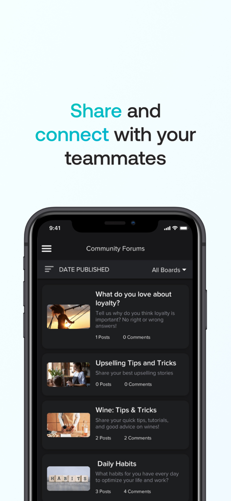 Atiom app interface showing community forums to share and connect with teammates