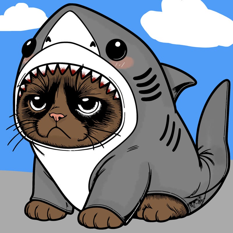 a realistic grumpy cat wearing a cute shark costume
