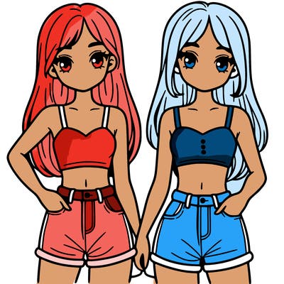 two sisters with crop tops and jean shorts and straight hair