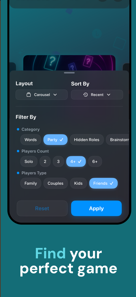 TalkFlow: Play Together - Interface do aplicativo móvel TalkFlow mostrando filtros de pesquisa de jogos por categoria, número de jogadores e tipo de grupo