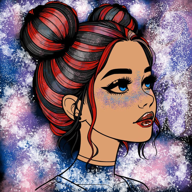 realistic girl with buns on the top of her head