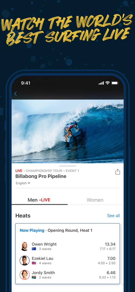 A live surfing competition broadcast with scores on the World Surf League app