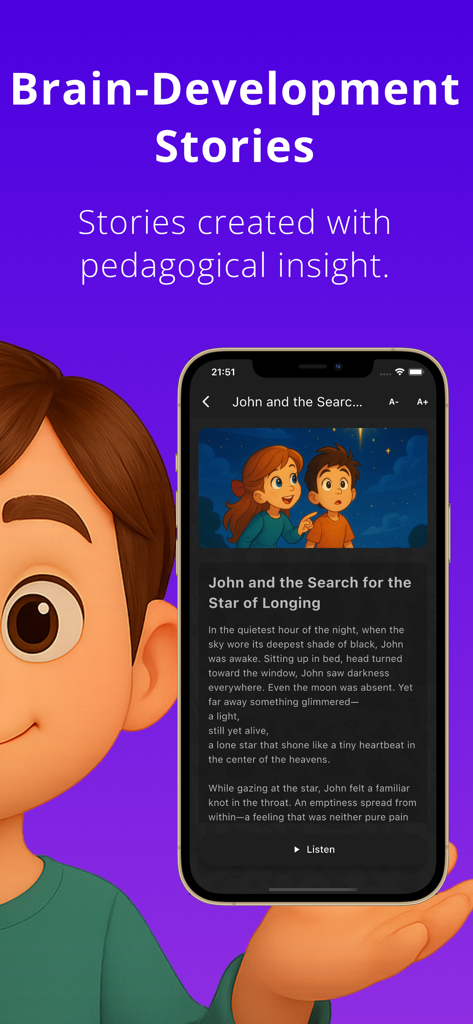 MyTale: Bedtime Stories - Un smartphone mostrando un cuento personalizado para dormir de la aplicación MyTale destacando el desarrollo cerebral y la visión pedagógica.