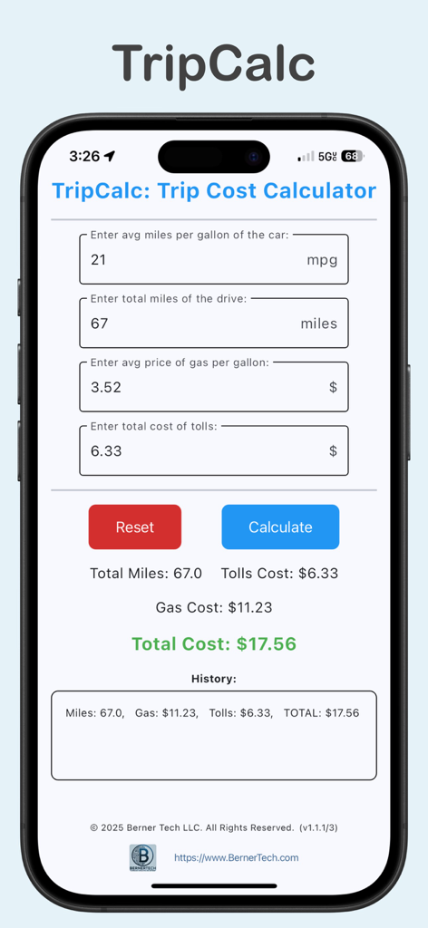 TripCalc app screen showing fuel and toll expense calculation