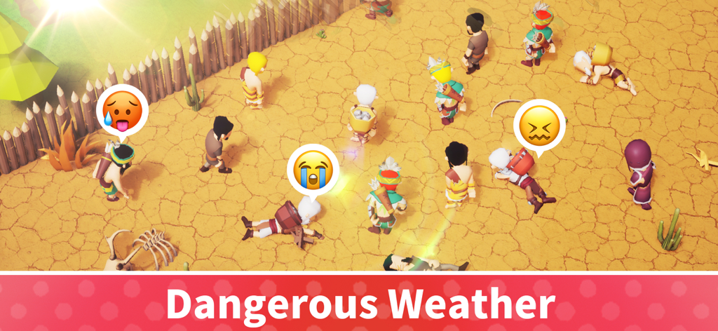 Characters in Survivor Island-Idle Game suffering from extreme heat and dangerous weather in a desert environment.