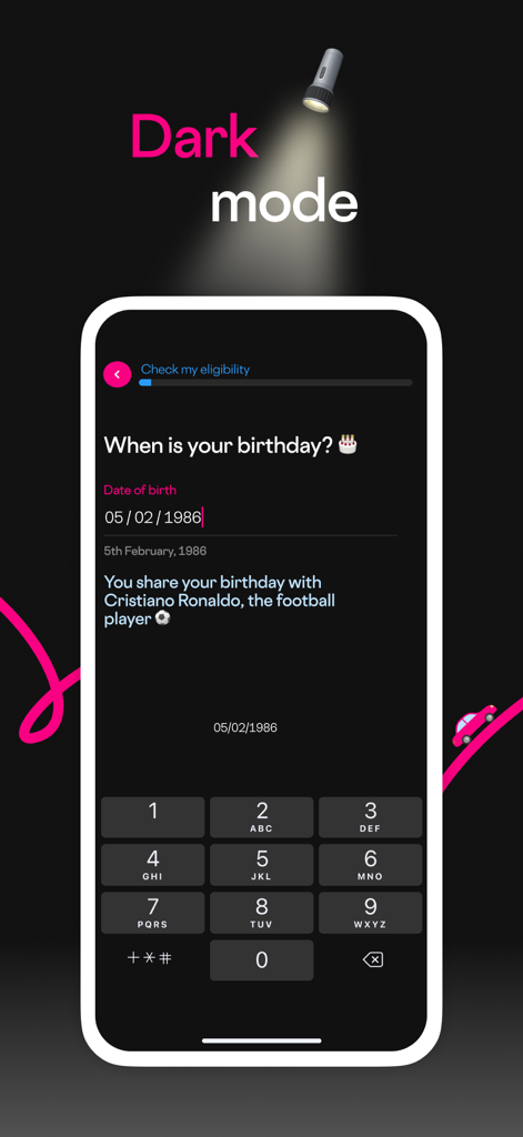 Carmoola car finance app screenshot showing the dark mode interface and birthday input screen