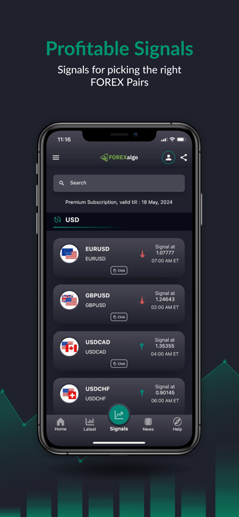 FOREXalgo Trading Signals - Mobile app dashboard displaying profitable FOREX trading signals for major currency pairs like EURUSD and GBPUSD