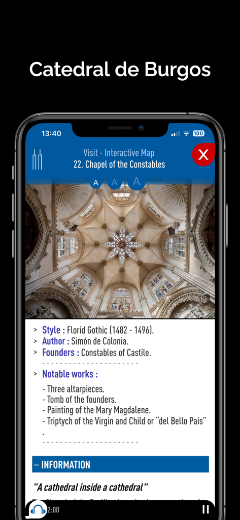 ブルゴス大聖堂のConstables礼拝堂のゴシック様式のヴォールトと歴史情報を示すアプリインターフェース。