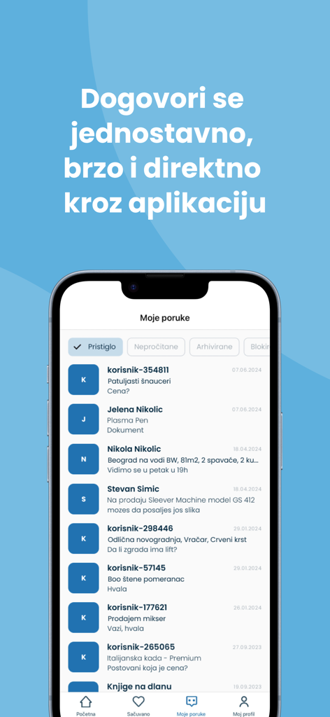 Interfaz de mensajería de la aplicación Halo Oglasi que muestra una lista de conversaciones activas entre compradores y vendedores.