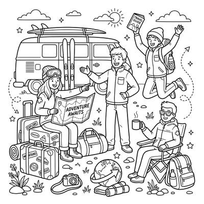 Get ready for an exciting journey with our adventurous ski patrollers as they swap their skis for suitcases on a well-deserved vacation. This delightful coloring page captures the spirit of exploration, packed with travel essentials and cheerful companions.