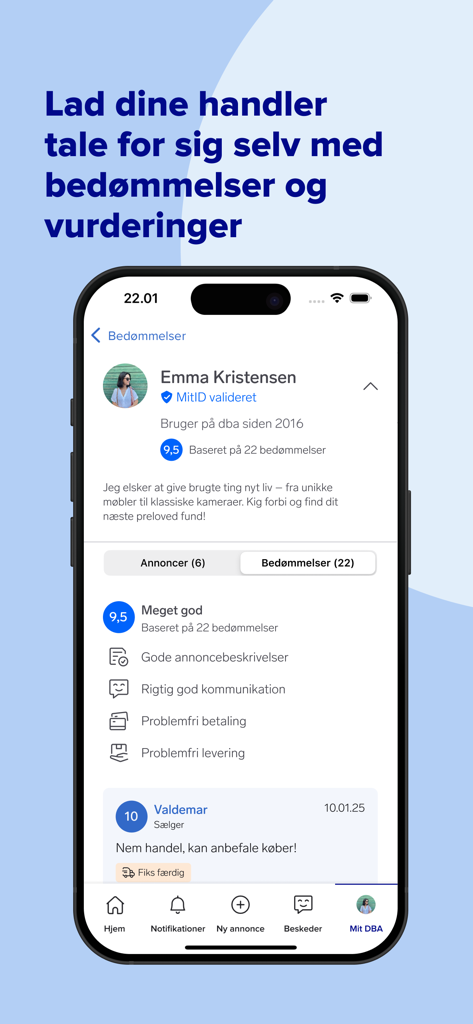 DBA: Den Blå Avis - DBAアプリのスクリーンショット。ユーザープロファイルに高い評価、確認済みステータス、信頼できるセカンドハンド取引の肯定的なバイヤーレビューが表示されています。