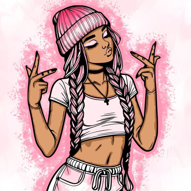 realistic teenage girl with braids and a beanie and crop top doing 🫶🏼
