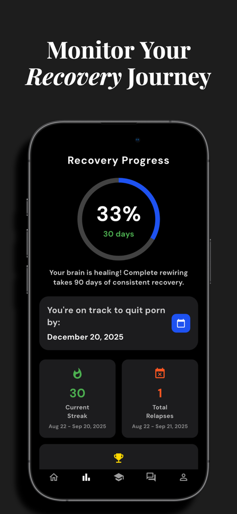 UNSHAKEN: Quit Porn Now - Unshaken app dashboard displaying a 30-day recovery streak and a 90-day brain rewiring progress tracker