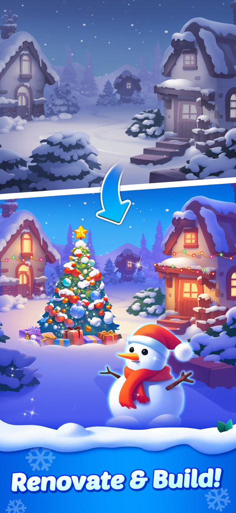 Word Crush® - Fun Puzzle Game - Before and after view of a snowy village renovation with a Christmas tree and snowman