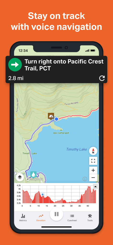 Ride with GPS: Bike Navigation - Interfaz de la aplicación Ride with GPS que muestra navegación por voz giro a giro y un gráfico de perfil de elevación para una ruta ciclista.