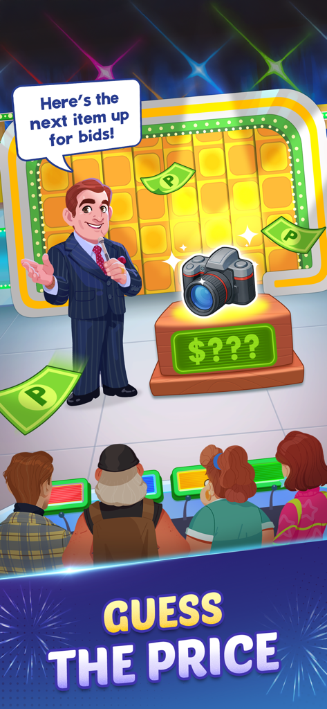 A cartoon game show host presenting a camera for players to guess the price in a Phase 10 event.