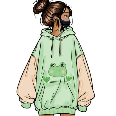 realistic girl with a oversized sweatshirt on and a bun