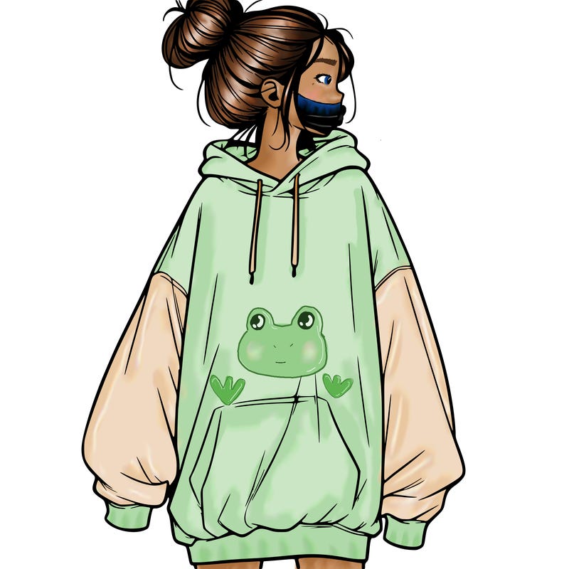realistic girl with a oversized sweatshirt on and a bun