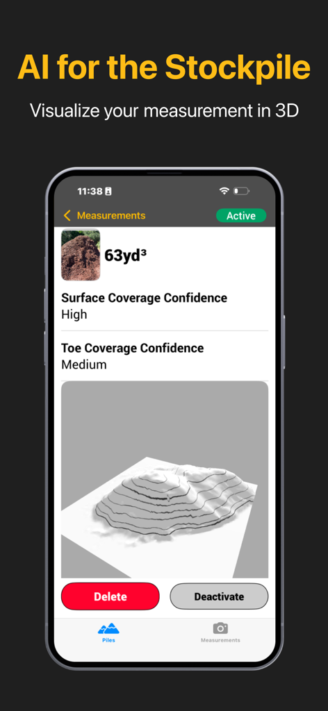 SR Measure App zeigt ein 3D-Modell und eine Volumenmessung eines Schüttgutstapels an